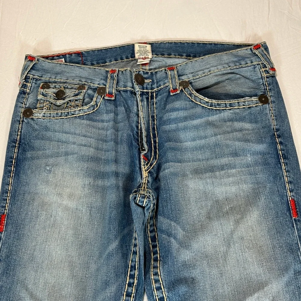 True Religion Ricky Super T Mens 40 Blue Jean Red Thick Stitch Straight Made USA